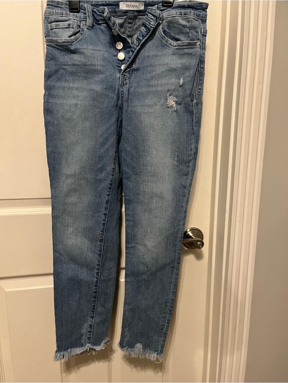 Zenana Outfitters Light Blue High-Rise Distressed Button-Fly Jeans